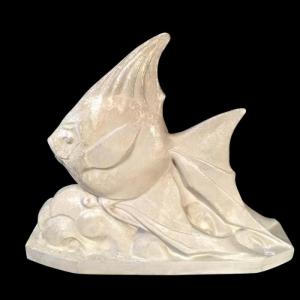 Roger Guérin, poisson stylisé Art Déco, sculpture en grès salé grand feu, Bouffioulx ca 1925