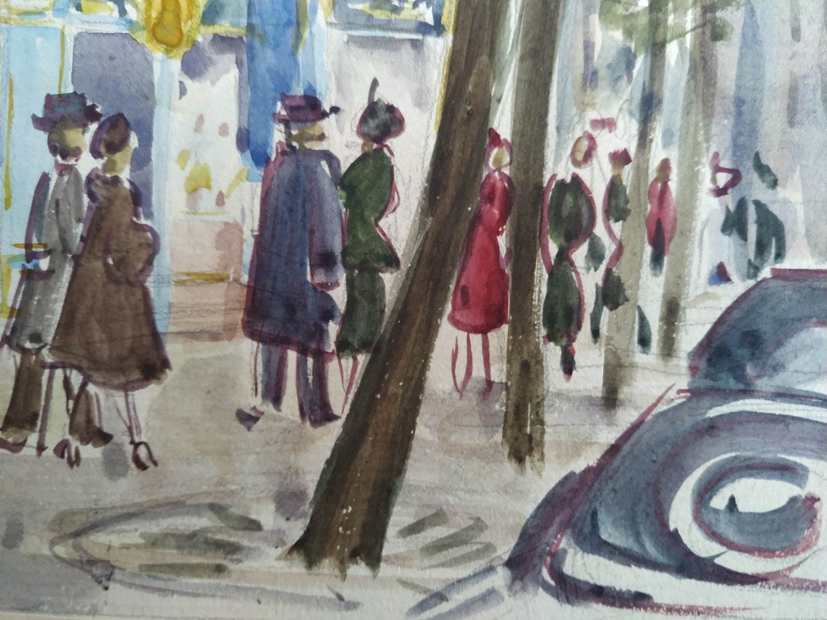 Marguerite Bermond: Watercolor Place De La Madeleine In Paris 1951-photo-2