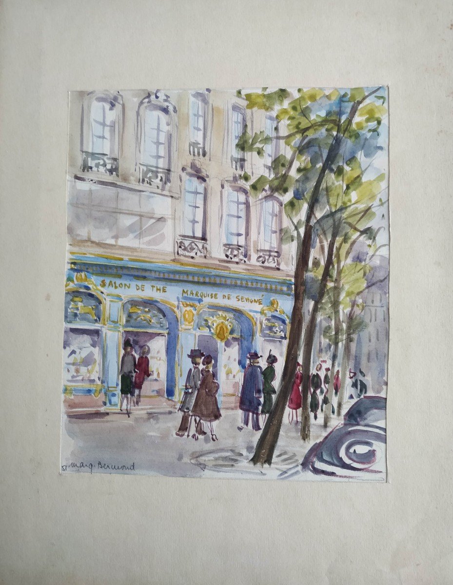 Marguerite Bermond: Watercolor Place De La Madeleine In Paris 1951