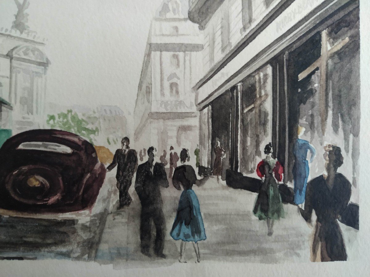 Marguerite Bermond Aquarelle . Vue De Paris Animé " l'Opéra " 1951-photo-3