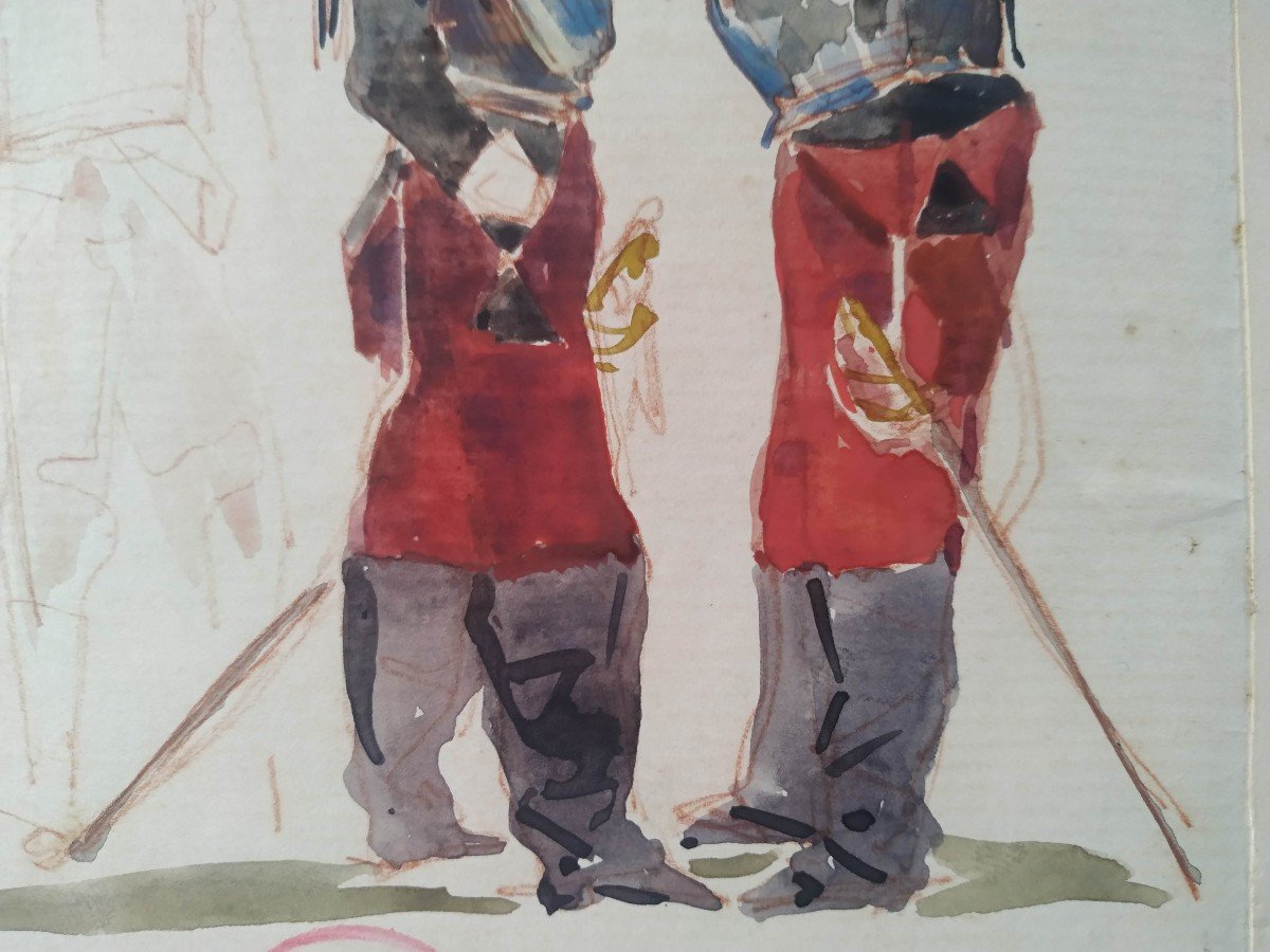 Victor Giraud :  2 Cuirassiers Dessin Aquarelle Vers 1870-photo-2