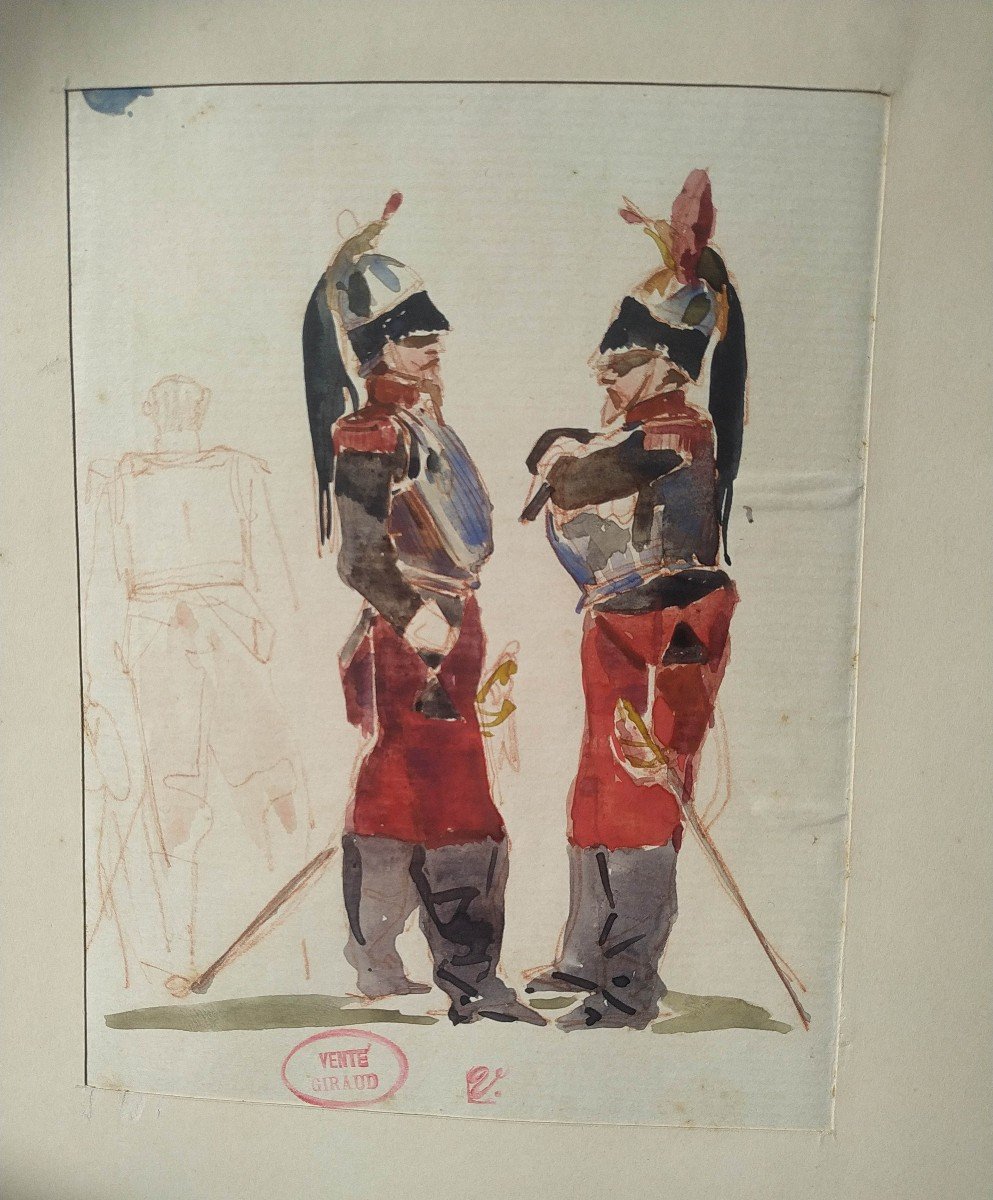 Victor Giraud :  2 Cuirassiers Dessin Aquarelle Vers 1870