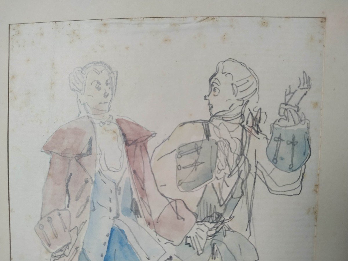 Victor Julien Giraud : Deux  Gentilhommes  Aquarelle Sur Dessin Au Crayon  Vers 1870-photo-2