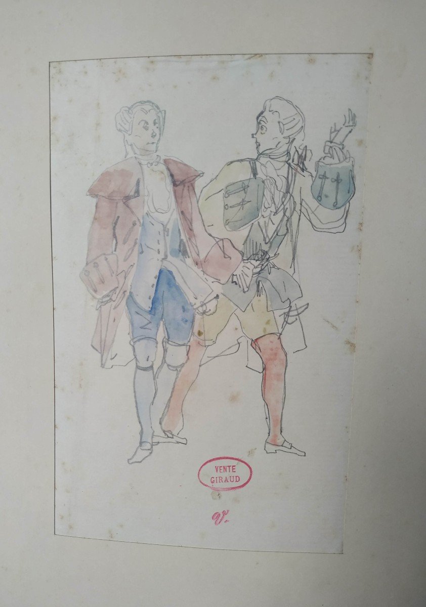 Victor Julien Giraud : Deux  Gentilhommes  Aquarelle Sur Dessin Au Crayon  Vers 1870