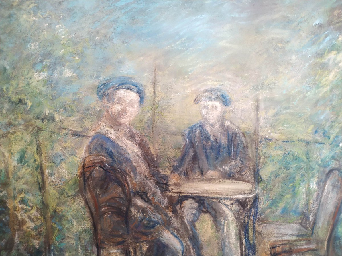 Henri Dreyfus Lemaître : "conversation Sous La Tonnelle" Pastel Sur Papier-photo-2