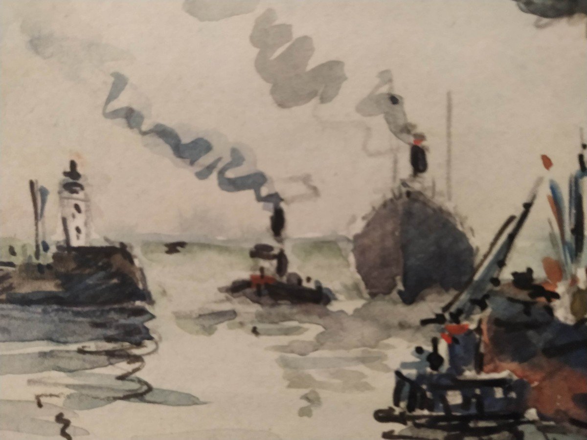 Lavoine L.p. Robert: " Entrée Du Port Du Havre" Aquarelle Sur Papier-photo-3