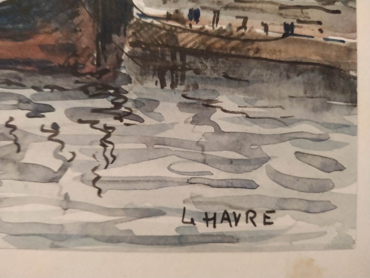 Lavoine L.p. Robert: " Entrée Du Port Du Havre" Aquarelle Sur Papier-photo-1