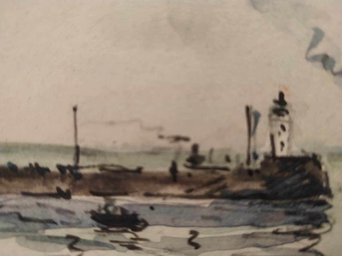 Lavoine L.p. Robert: " Entrée Du Port Du Havre" Aquarelle Sur Papier-photo-3