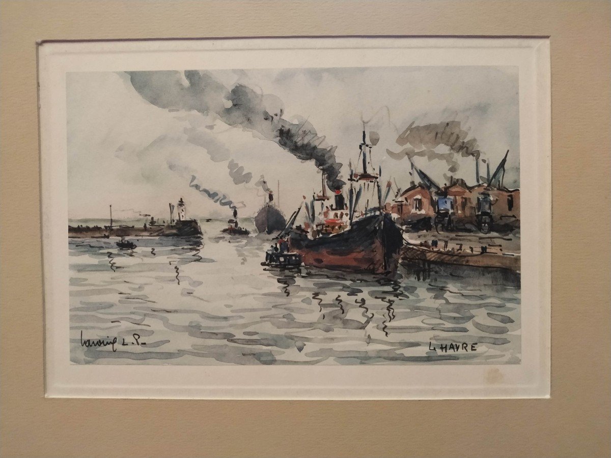 Lavoine L.p. Robert: " Entrée Du Port Du Havre" Aquarelle Sur Papier