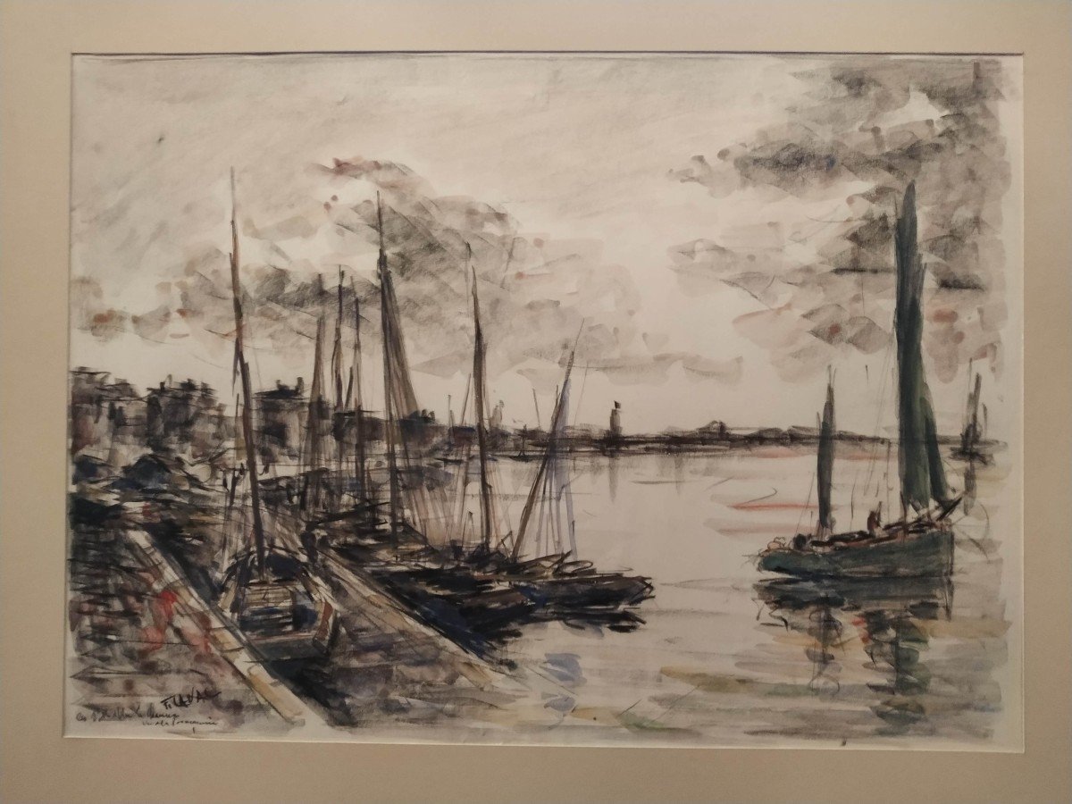 Fernand Laval : Aquarelle Les Sables-d'olonne .  La Chaussée Vue De La Poissonnerie  En 1929.-photo-2