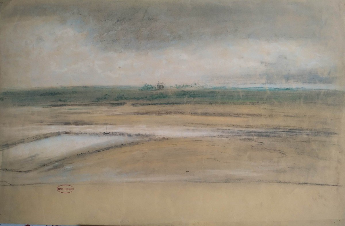 Victor Eekhout :  plage  en bord de mer. pastel vers 1850-photo-2