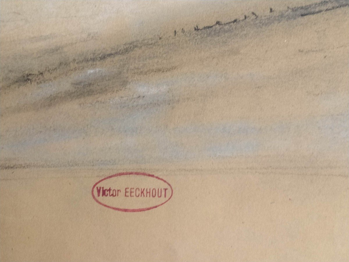 Victor Eekhout :  plage  en bord de mer. pastel vers 1850-photo-3