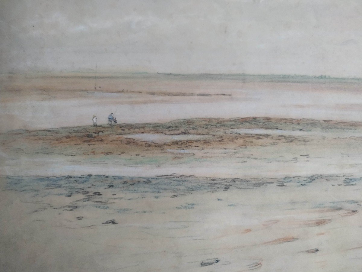 Victor Eekhout : " pêcheurs sur la grève de la mer du nord"  pastel vers 1850-photo-2