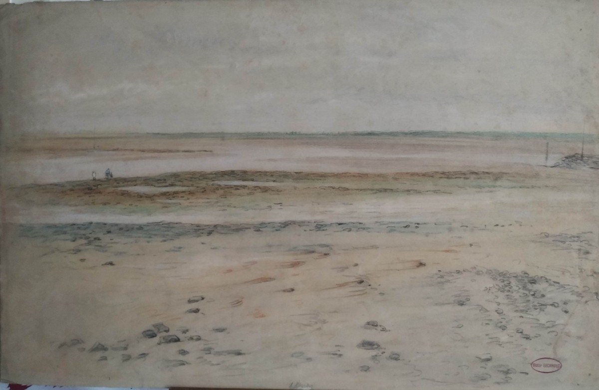 Victor Eekhout : " pêcheurs sur la grève de la mer du nord"  pastel vers 1850