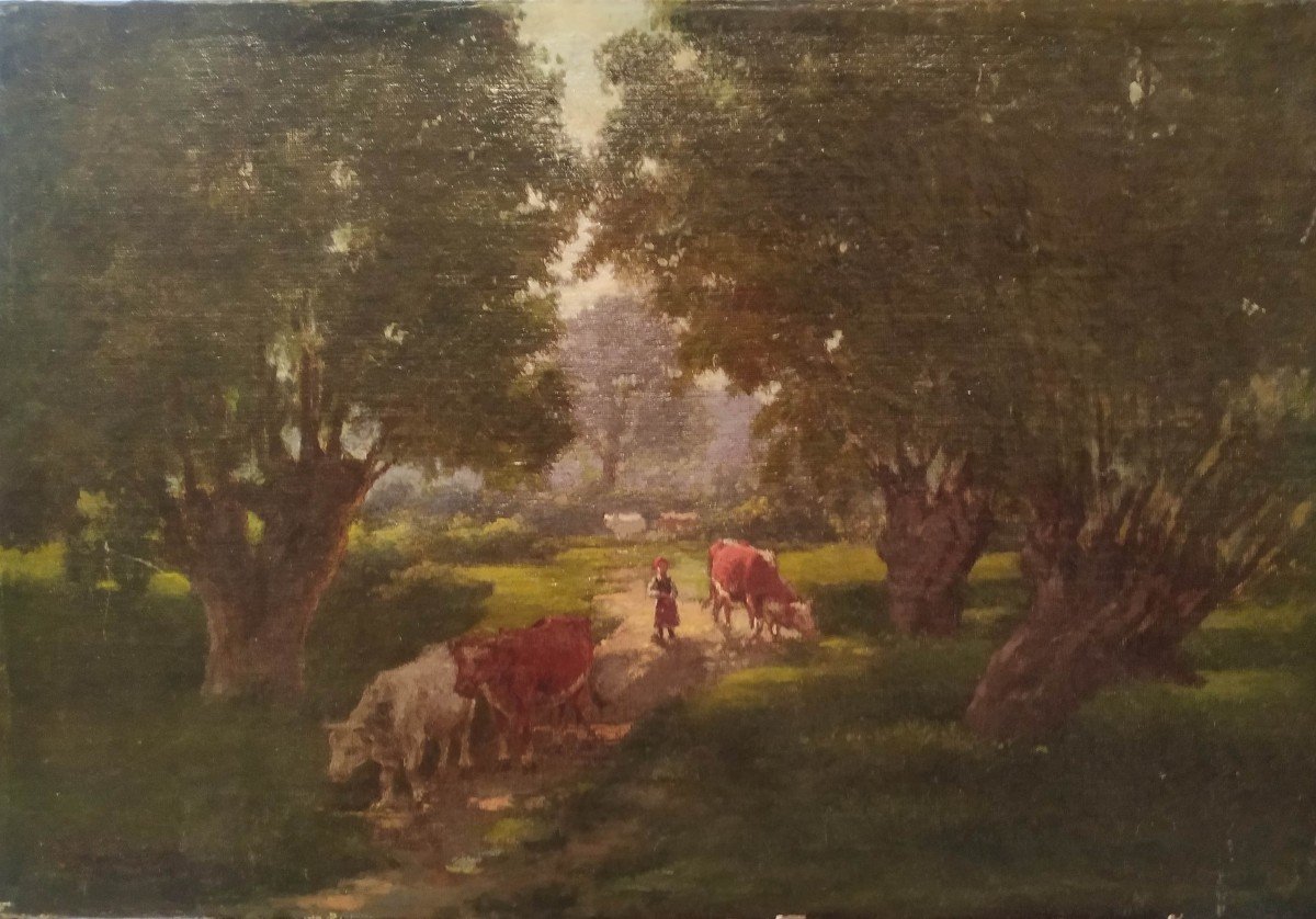 Léon Bonnat : "retour Des Vaches  à l'étable" Huile Sur Toile Vers 1880