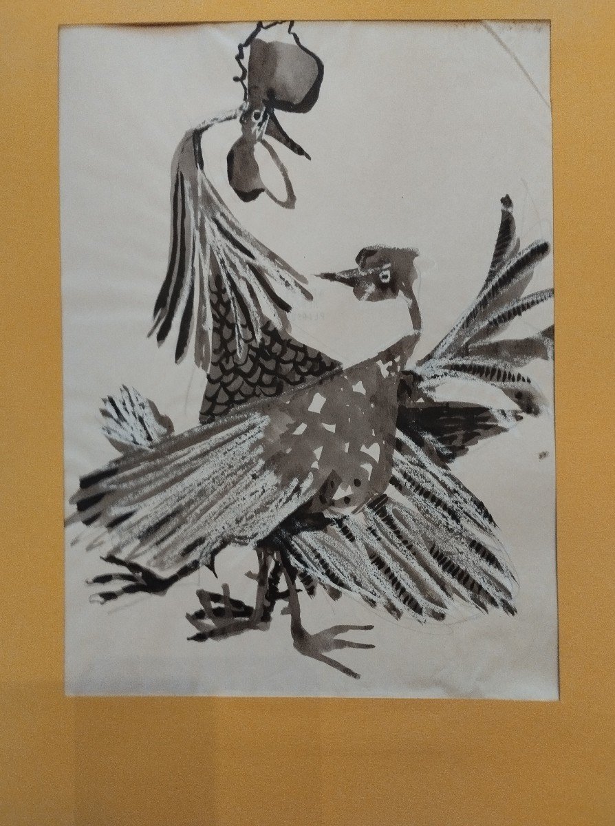 Henri Plisson : " Combat De Coqs" Lavis Vers 1950