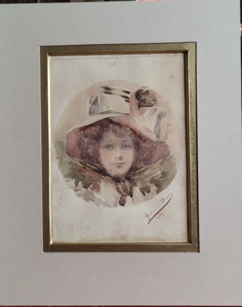 "jeune Fille Au Chapeau" Aquarelle Datée  1909 Et Signée  André d'Orsay