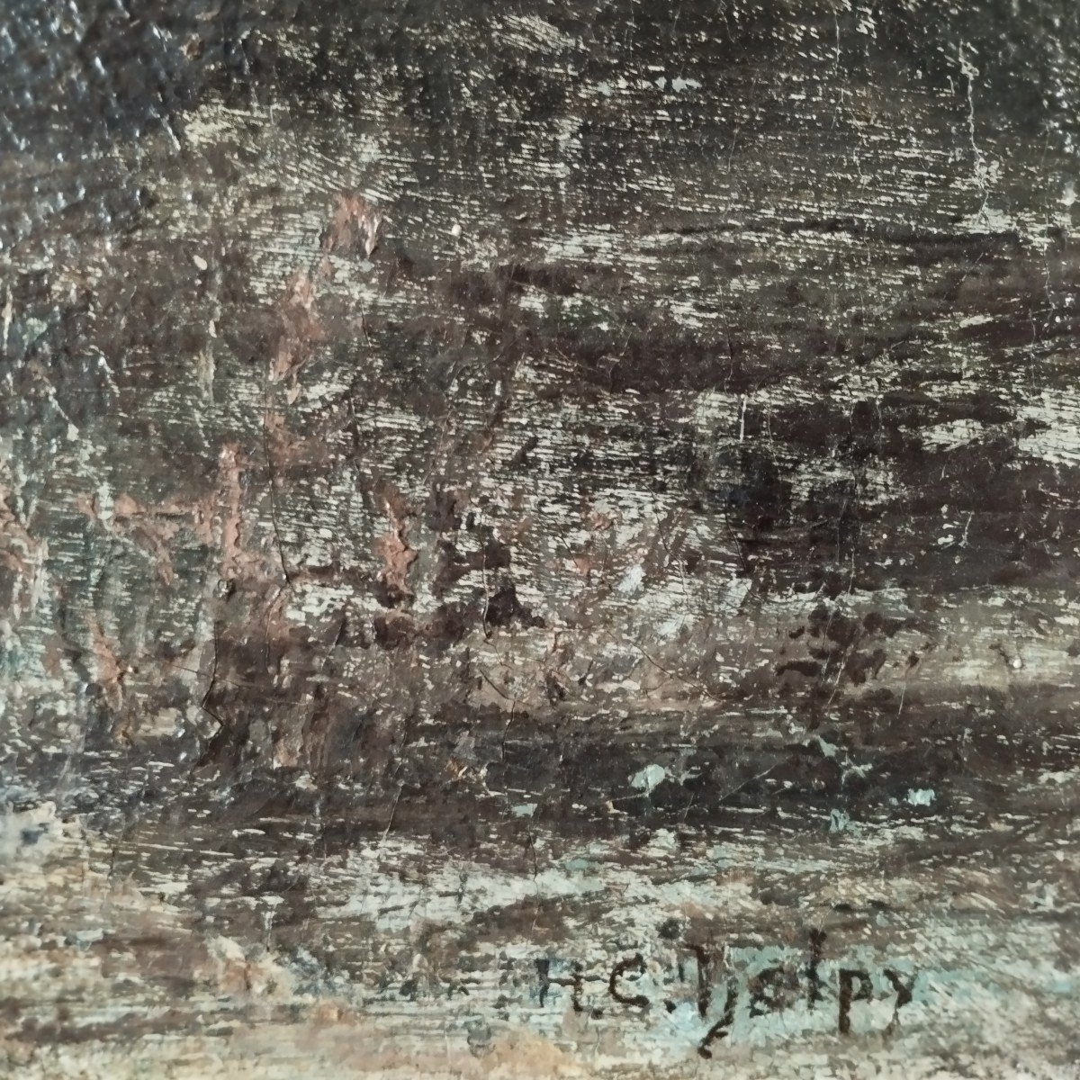 École de Fontainebleau :"paysanne qui ramasse du bois dans la forêt" huile sur toile signée H.C. Delpy-photo-1