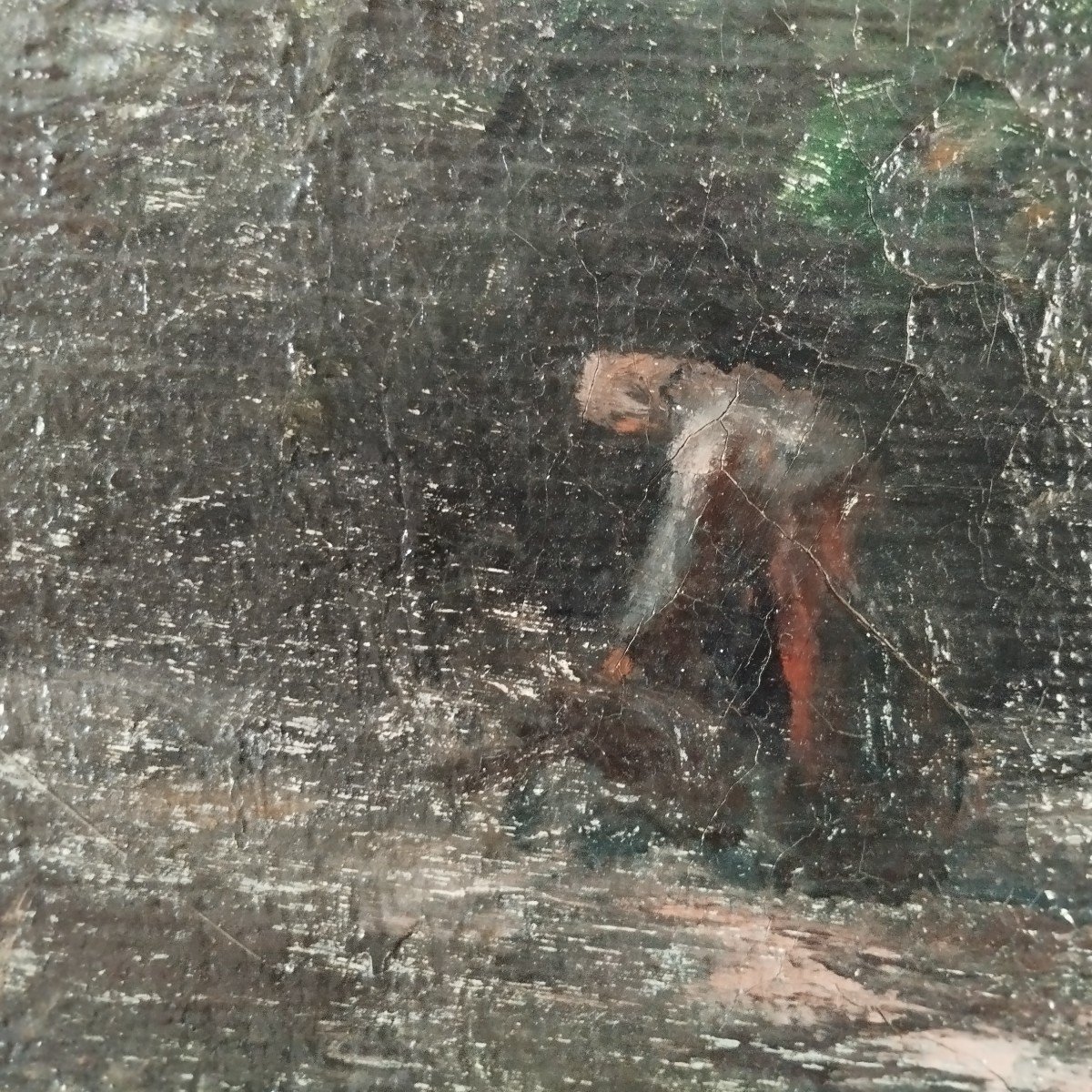 École de Fontainebleau :"paysanne qui ramasse du bois dans la forêt" huile sur toile signée H.C. Delpy-photo-2