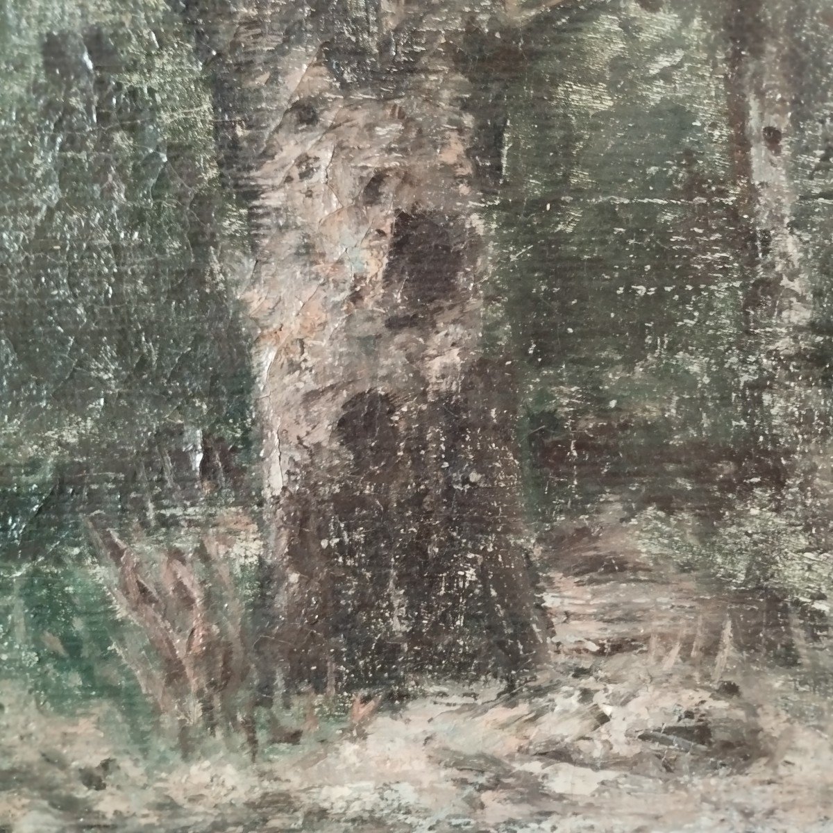 École de Fontainebleau :"paysanne qui ramasse du bois dans la forêt" huile sur toile signée H.C. Delpy-photo-3