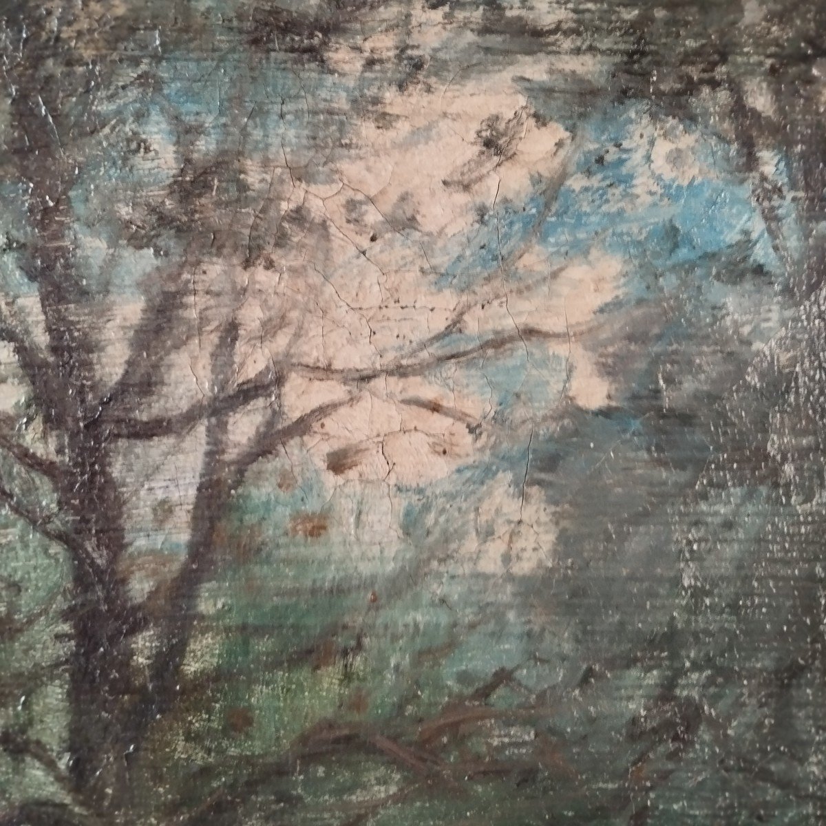 École de Fontainebleau :"paysanne qui ramasse du bois dans la forêt" huile sur toile signée H.C. Delpy-photo-4