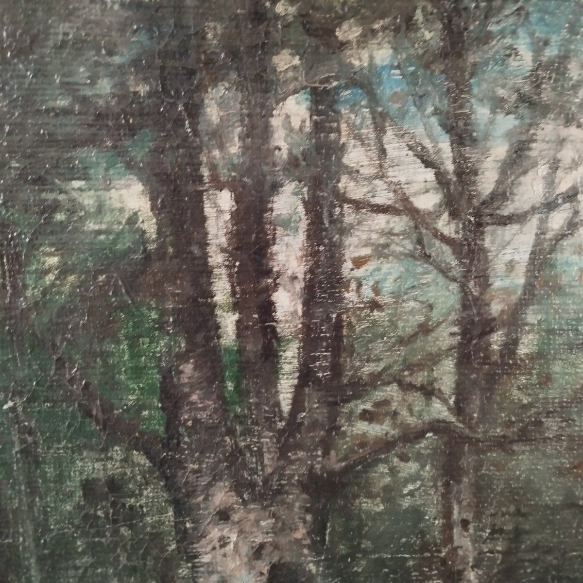 École de Fontainebleau :"paysanne qui ramasse du bois dans la forêt" huile sur toile signée H.C. Delpy-photo-5