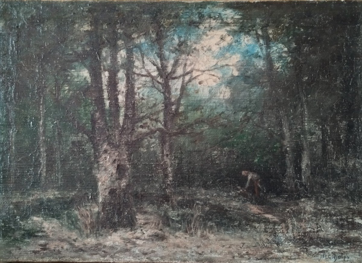École de Fontainebleau :"paysanne qui ramasse du bois dans la forêt" huile sur toile signée H.C. Delpy