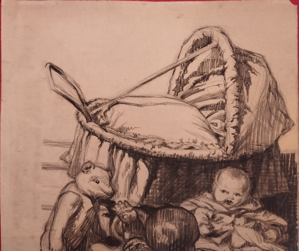 "baby Landeau And Teddy Bears" Charcoal And Wash By Jean Bonnier-photo-3