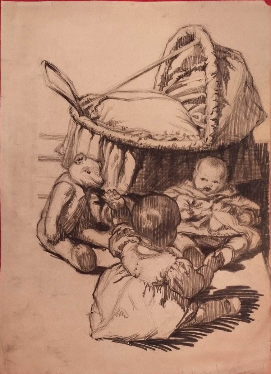"baby Landeau And Teddy Bears" Charcoal And Wash By Jean Bonnier