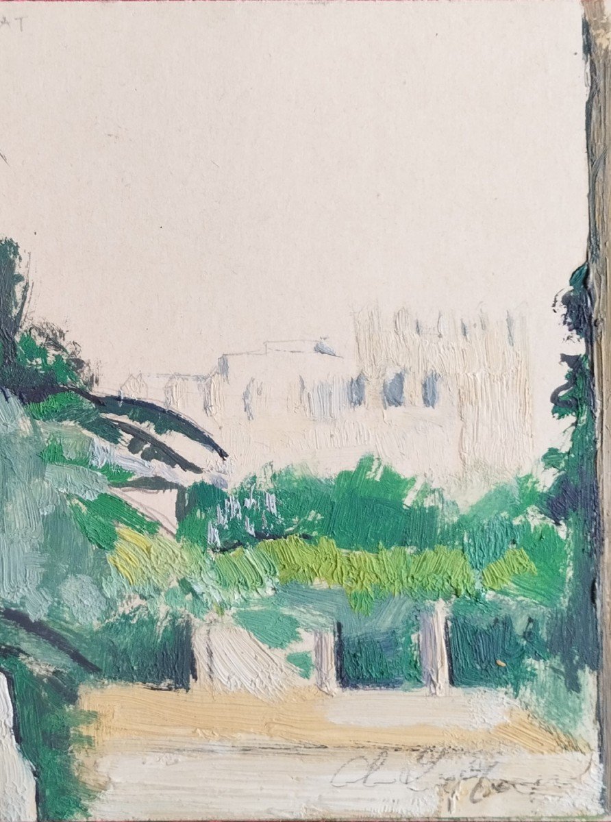 André Le Moigne : "les jardins de Rabat au Maroc" Huile Sur Carton Vers 1950-photo-3