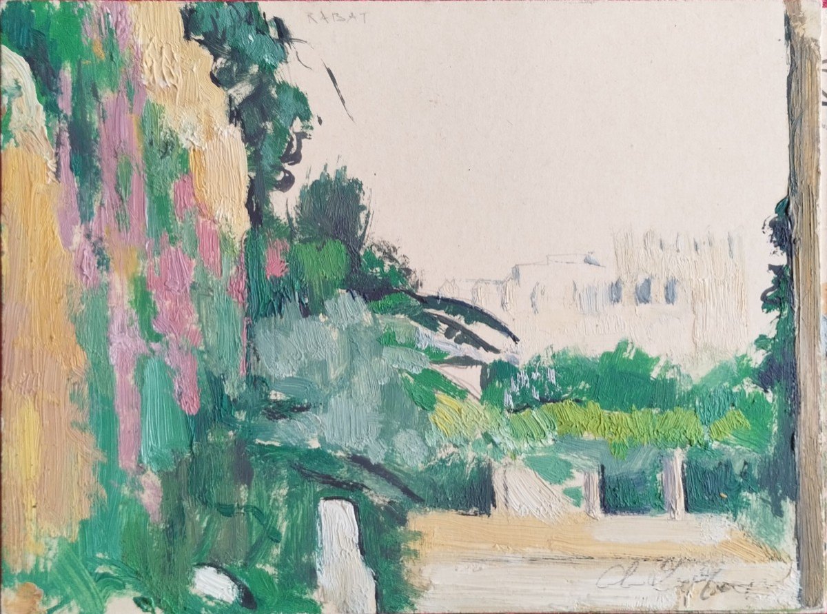 André Le Moigne : "les jardins de Rabat au Maroc" Huile Sur Carton Vers 1950