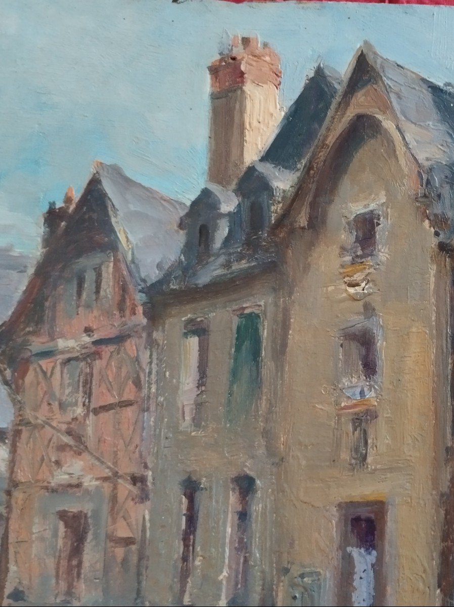 Alexandre Bailly: Oil On Panel "old Houses Plumereau  Place In Tours"-photo-3