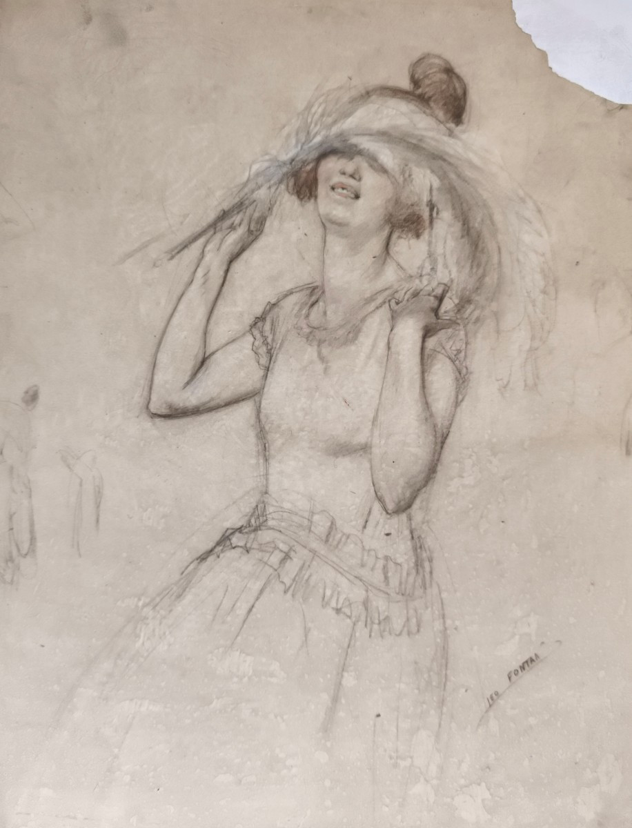 Elegant Pen Drawing, Pastels By Léo Fontan Circa 1925