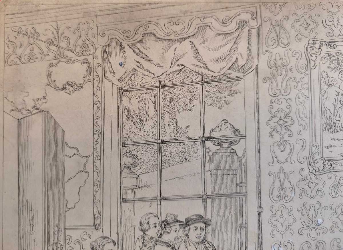 "reception In A Louis XV Interior" Preparatory Drawing By L. Carred, Carmontelle School-photo-7