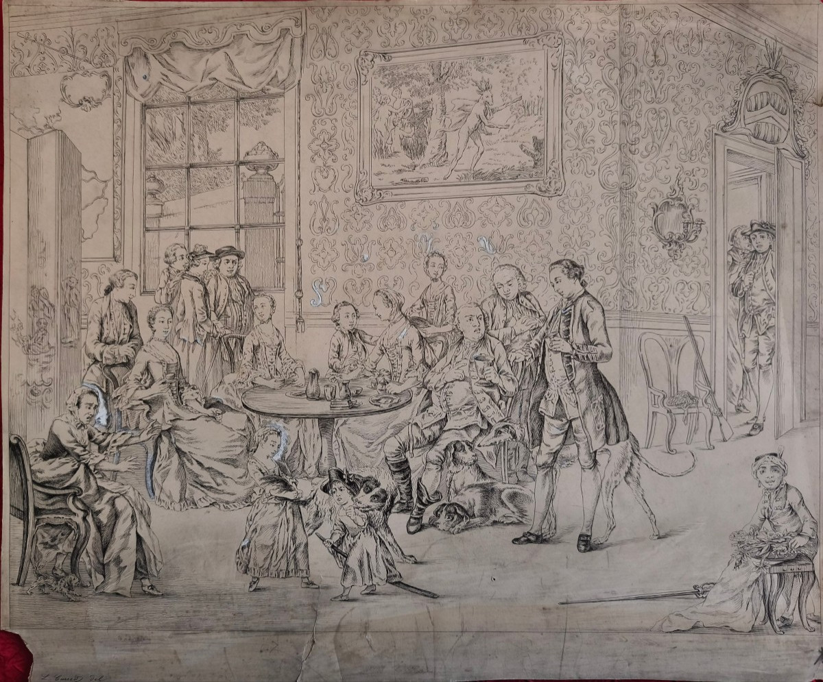 "reception In A Louis XV Interior" Preparatory Drawing By L. Carred, Carmontelle School