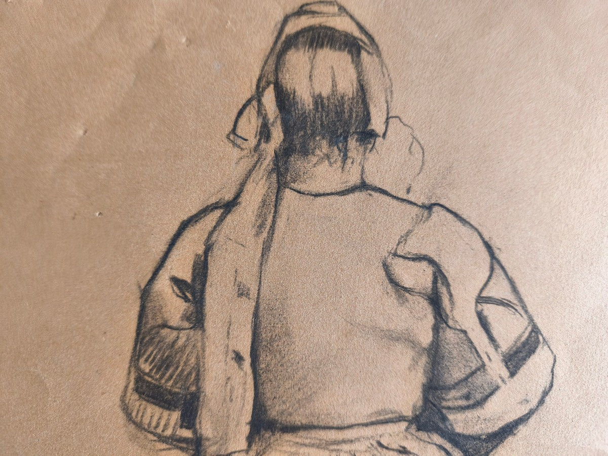 "kneeling Woman" Charcoal On Paper Circa 1880 By Louis Saint-blancat Stained Glass Artist.-photo-3