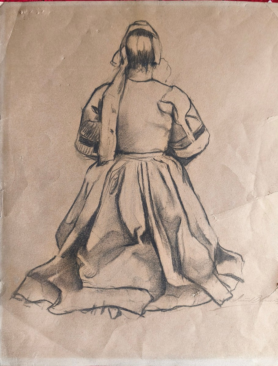 "kneeling Woman" Charcoal On Paper Circa 1880 By Louis Saint-blancat Stained Glass Artist.