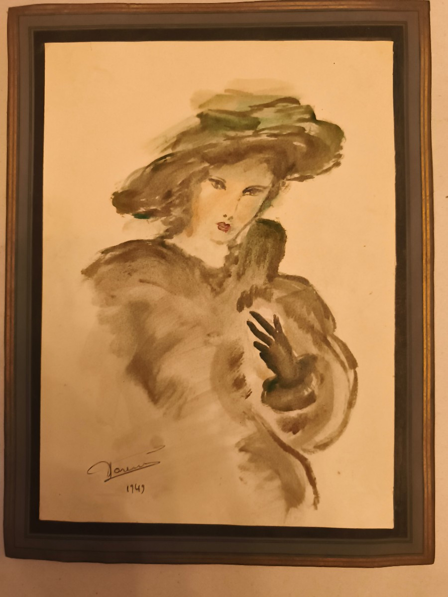 "Élégante  au chapeau" aquarelle par jean Lareuse en 1949