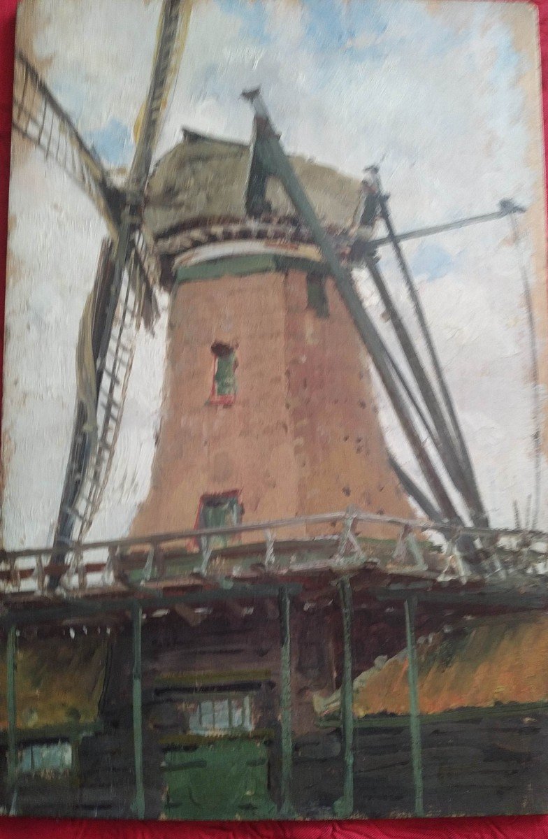 "Vieux Moulin à  Zandam" panneau peint  par Alexandre Bailly en 1897