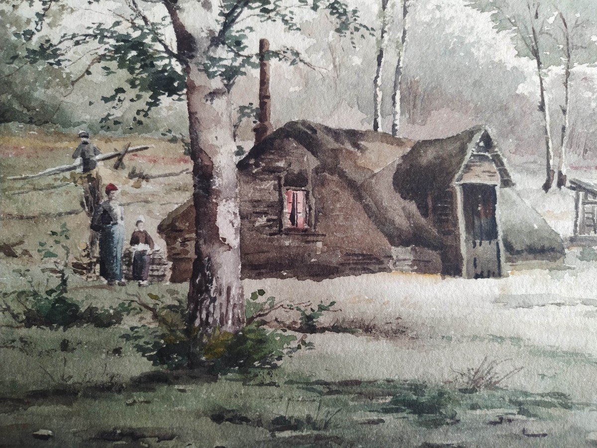 Pierre Emmanuel Damoye " la cabane dans la forêt" aquarelle datée  1890-photo-2