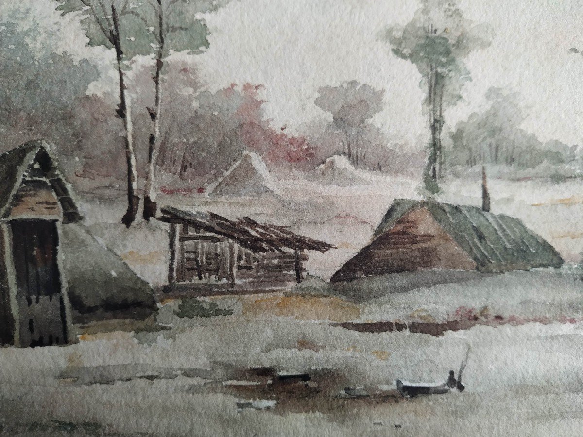Pierre Emmanuel Damoye "the Cabin In The Forest" Watercolor Dated 1890-photo-2