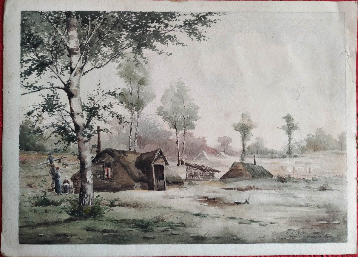 Pierre Emmanuel Damoye "the Cabin In The Forest" Watercolor Dated 1890