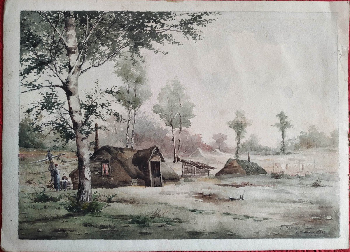 Pierre Emmanuel Damoye " la cabane dans la forêt" aquarelle datée  1890