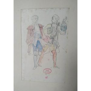 Victor Julien Giraud : Deux  Gentilhommes  Aquarelle Sur Dessin Au Crayon  Vers 1870