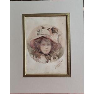 "young Girl With A Hat" Watercolor Dated 1909 And Signed André d'Orsay