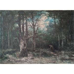 École de Fontainebleau :"paysanne qui ramasse du bois dans la forêt" huile sur toile signée H.C. Delpy