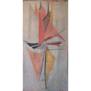 André Fetiveau "stylized Sailboat" Oil On Panel Circa 1950