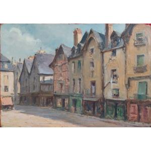 Alexandre Bailly: Oil On Panel "old Houses Plumereau  Place In Tours"