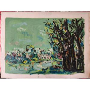 "pavilion By The Pond" Oil On Paper By Max De Vienne Circa 1950"