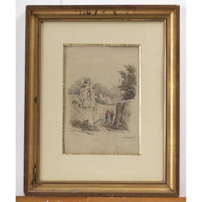 Attribué à Theodore Rousseau, Dessin à La Mine De Plomb Et Aquarelle